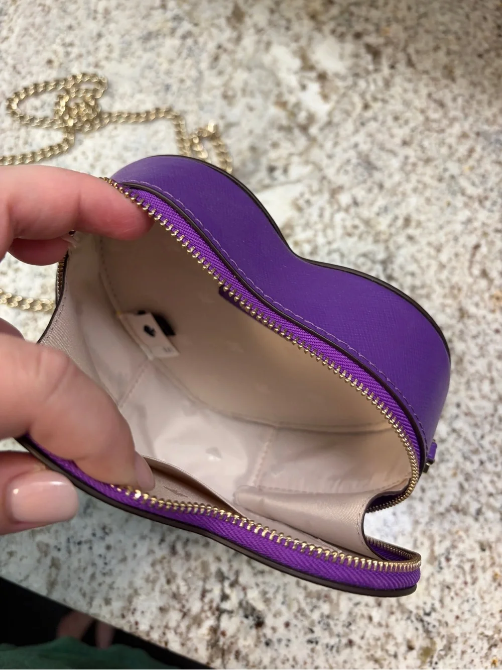 Kate Spade Mini Purple Heart Crossbody Purse with Gold Chain Strap